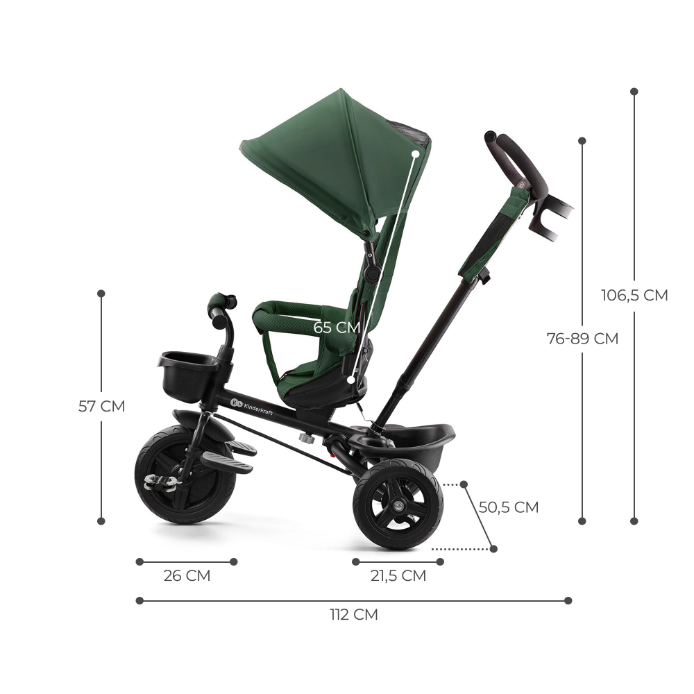 Tricicleta pentru copii Kinderkraft Aveo Mystic Green de la 9 luni, cu sezut rotativ, suport pentru picioare, maner cu control al directiei, gentuta si cos pentru accesorii - 3 | YEO