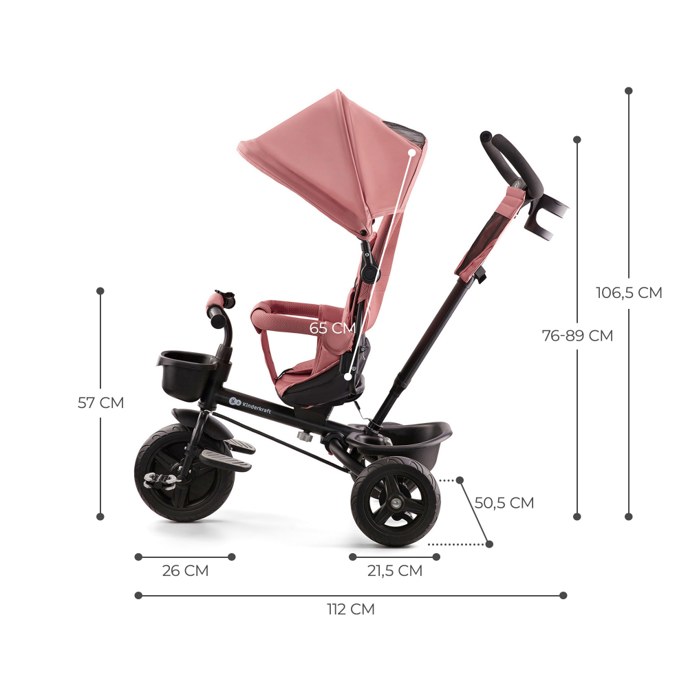 Tricicleta pentru copii Kinderkraft Aveo Rose Pink de la 9 luni, cu sezut rotativ, suport pentru picioare, maner cu control al directiei, gentuta si cos pentru accesorii - 2 | YEO