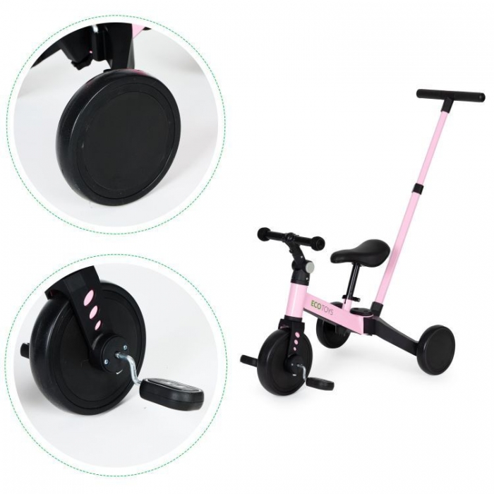 Poze Tricicleta cu pedale si maner 2 in 1 Ecotoys YM-BT-6 Roz, roti din cauciuc Eva, maner detasabil, pentru copii de la 3 ani nichiduta.ro 