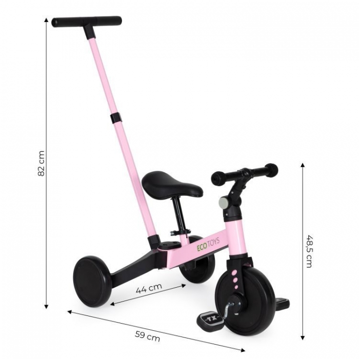 Poze Tricicleta cu pedale si maner 2 in 1 Ecotoys YM-BT-6 Roz, roti din cauciuc Eva, maner detasabil, pentru copii de la 3 ani nichiduta.ro 
