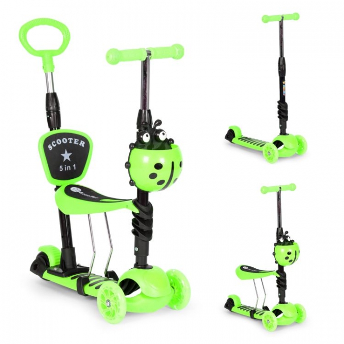 Trotineta 5 in 1 Ecotoys cu maner parental reglabil, scaun reglabil, 3 roti cu LED, greutate suportata 20 kg, varsta 3 ani+ verde