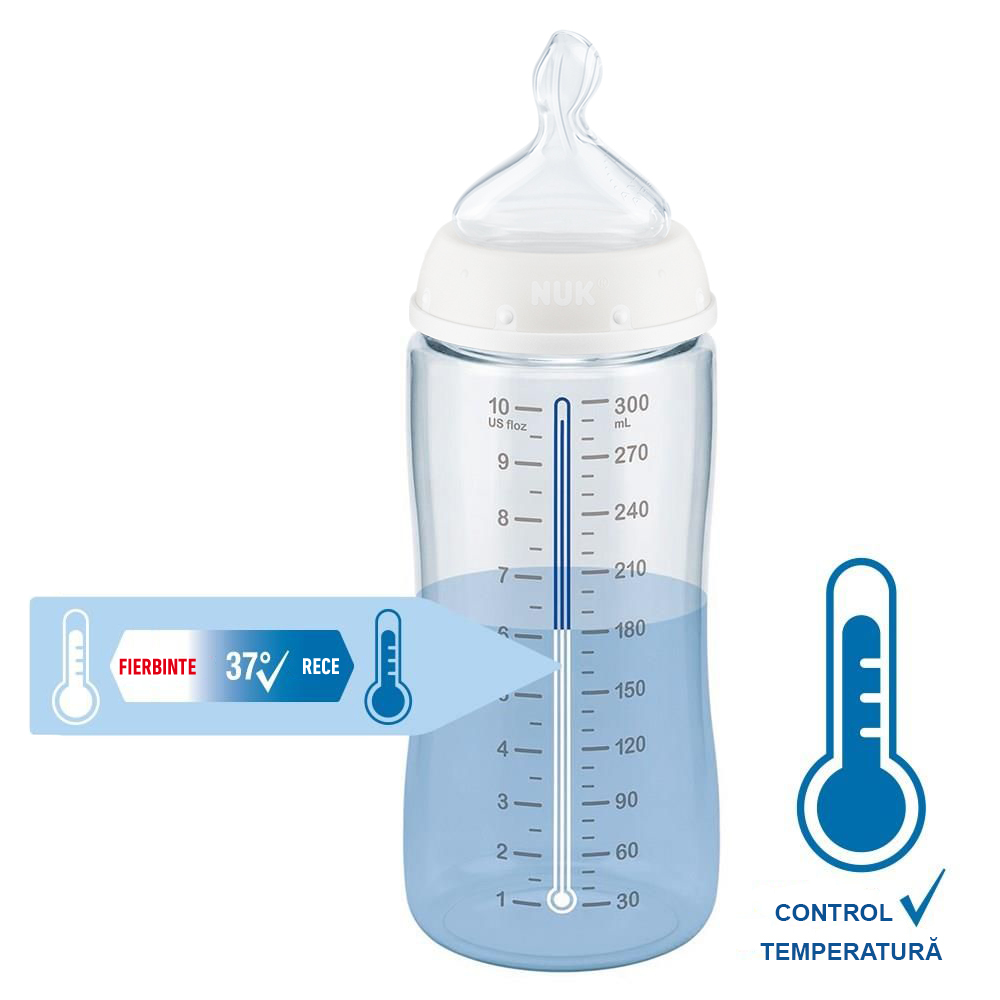 Biberon Nuk First Choice PP 300 ml control temperatura si tetina din silicon M 0-6 luni Inimioare