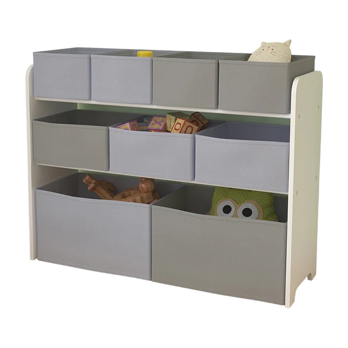 Organizator din lemn Ginger Home pentru jucarii cu 9 cutii textile AlbGri