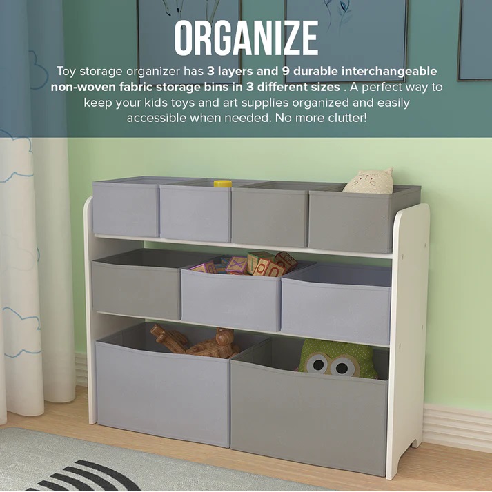 Organizator din lemn Ginger Home pentru jucarii cu 9 cutii textile AlbGri - 4