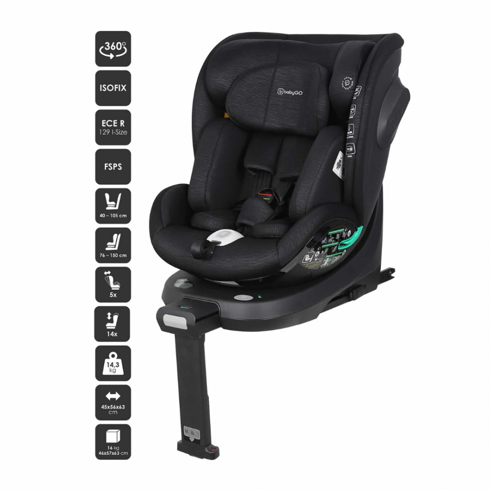 Scaun auto rotativ BabyGo Prime 360 40-150 cm certificat R129 Black