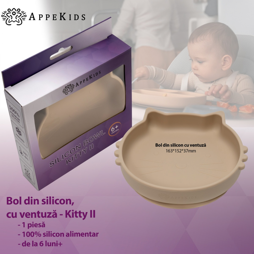 Bol din silicon AppeKids Kitty II Bubble Beige