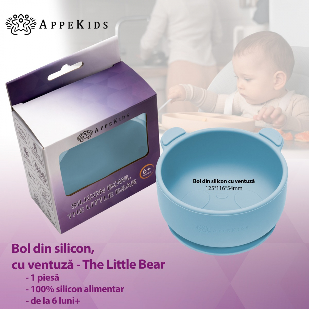 Bol din silicon cu ventuza AppeKids The Little Bear Aqua Blue