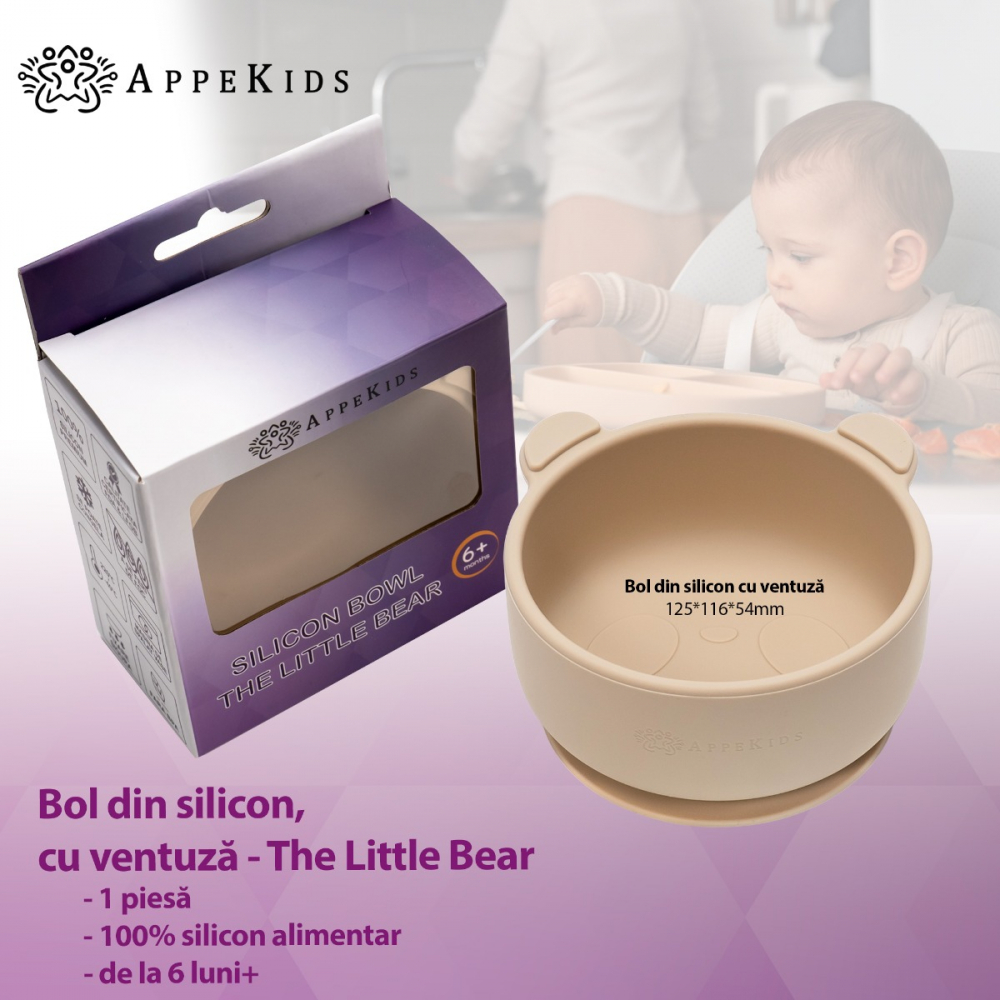 Bol din silicon cu ventuza AppeKids The Little Bear Bubble Beige