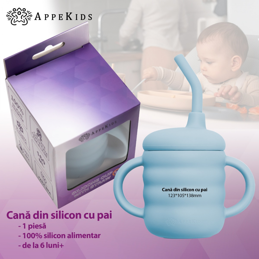 Cana din silicon cu pai AppeKids Aqua Blue - 1 | YEO