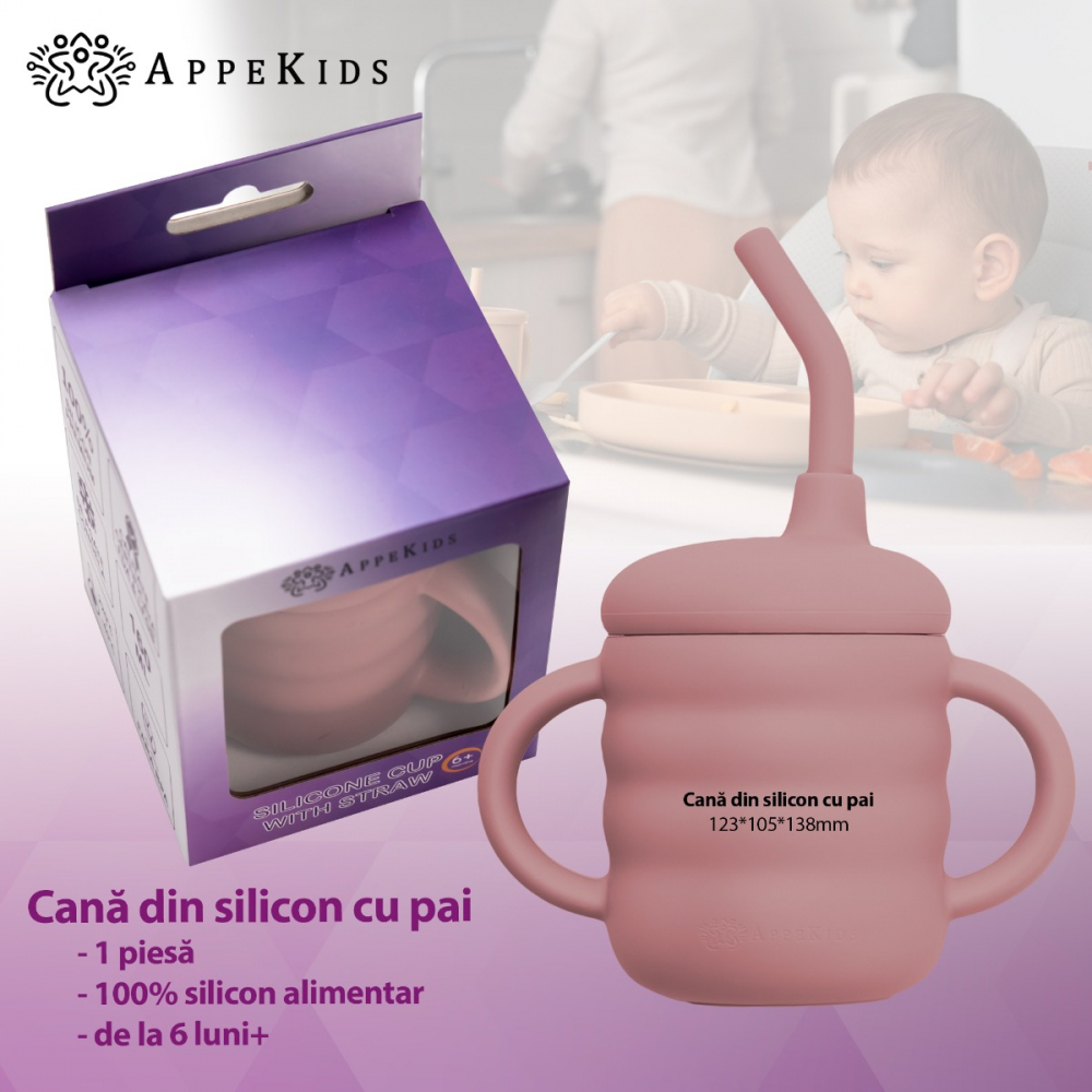 Cana din silicon cu pai AppeKids Old Rose - 1 | YEO