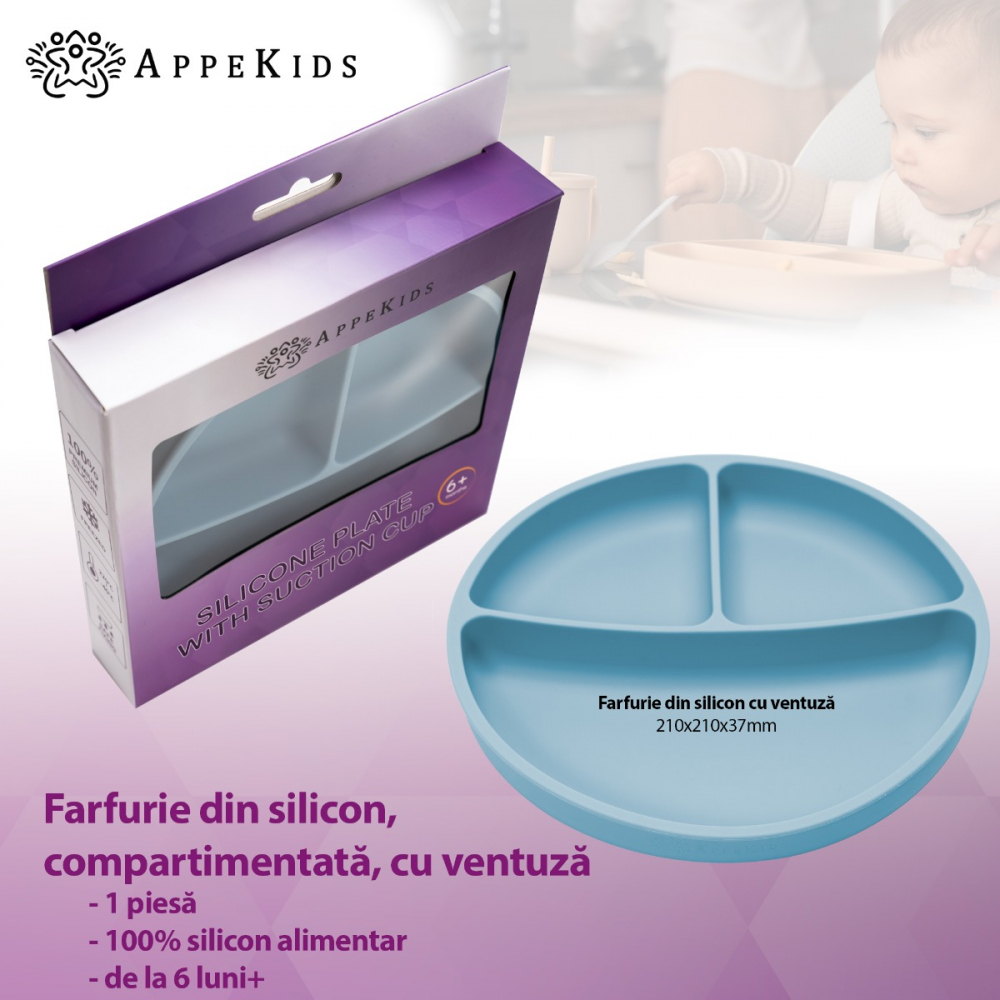 Farfurie compartimentata din silicon cu ventuza AppeKids Aqua Blue - 1 | YEO