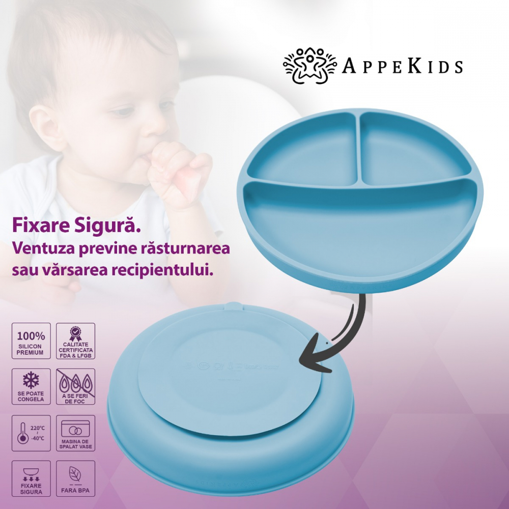 Farfurie compartimentata din silicon cu ventuza AppeKids Aqua Blue - 2 | YEO