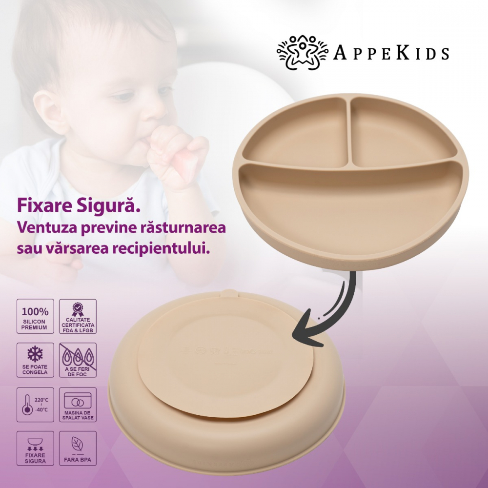 Farfurie compartimentata din silicon cu ventuza AppeKids Bubble Beige - 1 | YEO