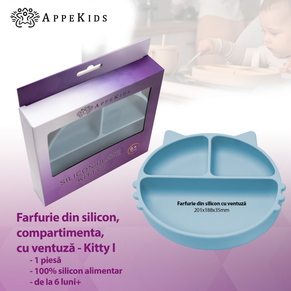 Farfurie compartimentata din silicon cu ventuza AppeKids Kitty Aqua Blue - 1 | YEO