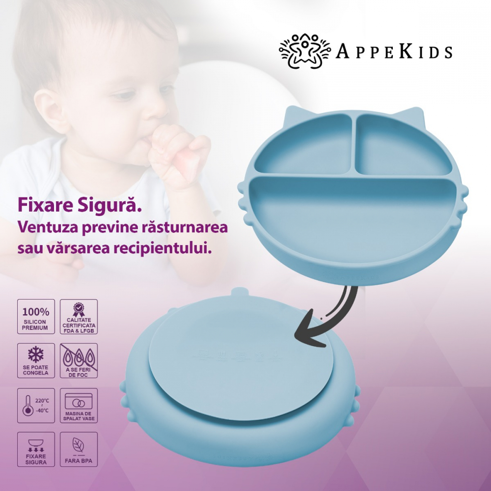 Farfurie compartimentata din silicon cu ventuza AppeKids Kitty Aqua Blue - 2 | YEO