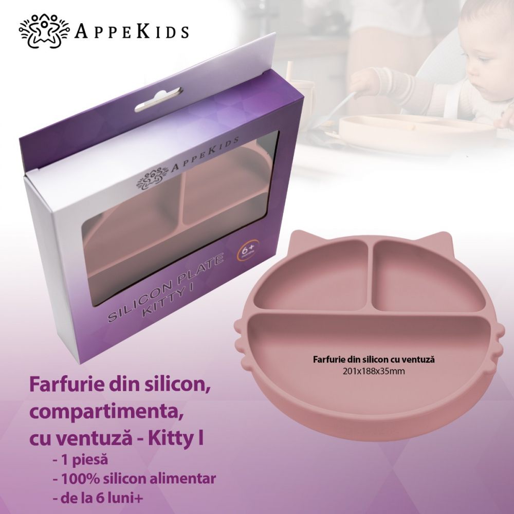 Farfurie compartimentata din silicon cu ventuza AppeKids Kitty Old Rose - 1 | YEO