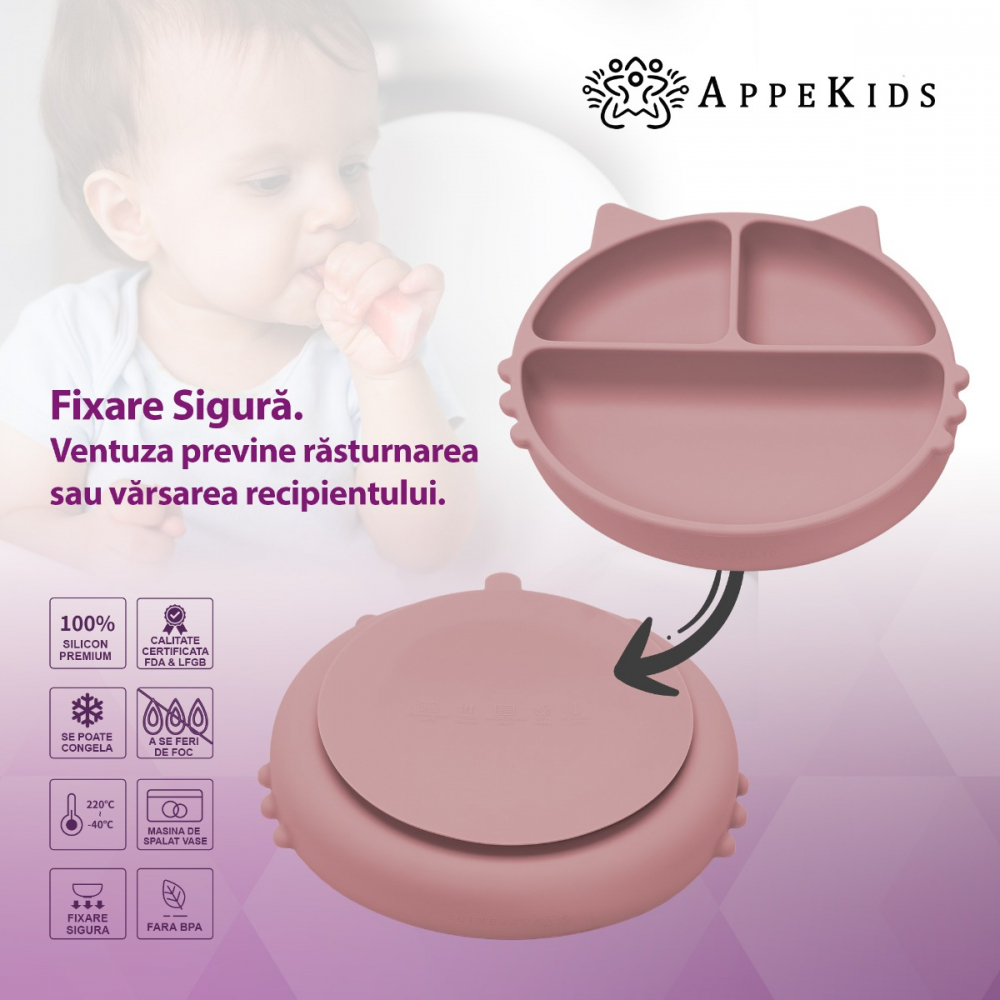 Farfurie compartimentata din silicon cu ventuza AppeKids Kitty Old Rose - 2 | YEO