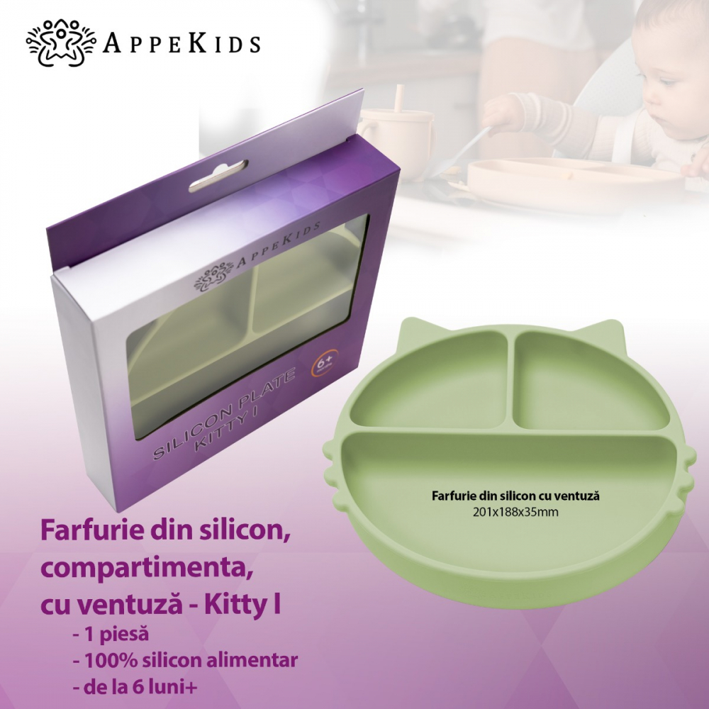 Farfurie compartimentata din silicon cu ventuza AppeKids Kitty Raw Green - 1 | YEO