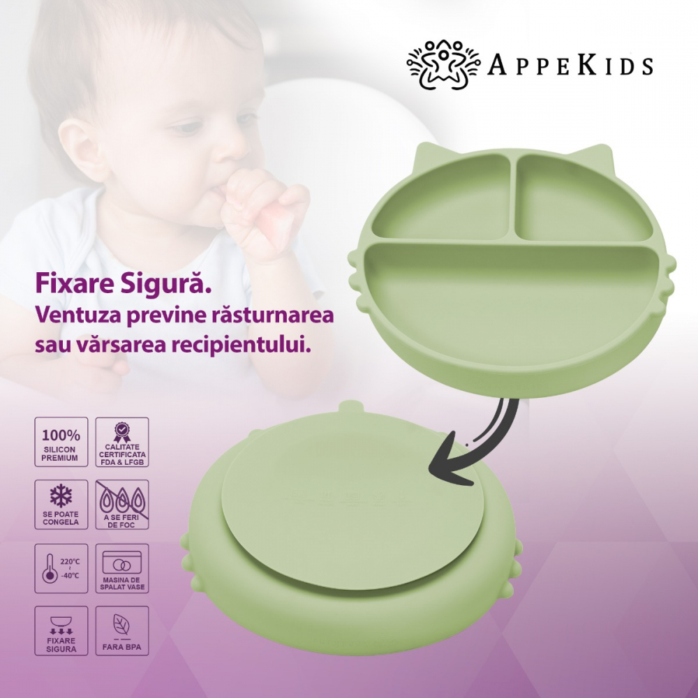 Farfurie compartimentata din silicon cu ventuza AppeKids Kitty Raw Green - 2 | YEO