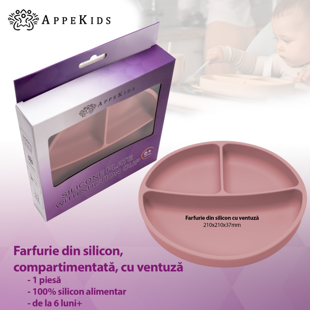 Farfurie compartimentata din silicon cu ventuza AppeKids Old Rose - 1 | YEO