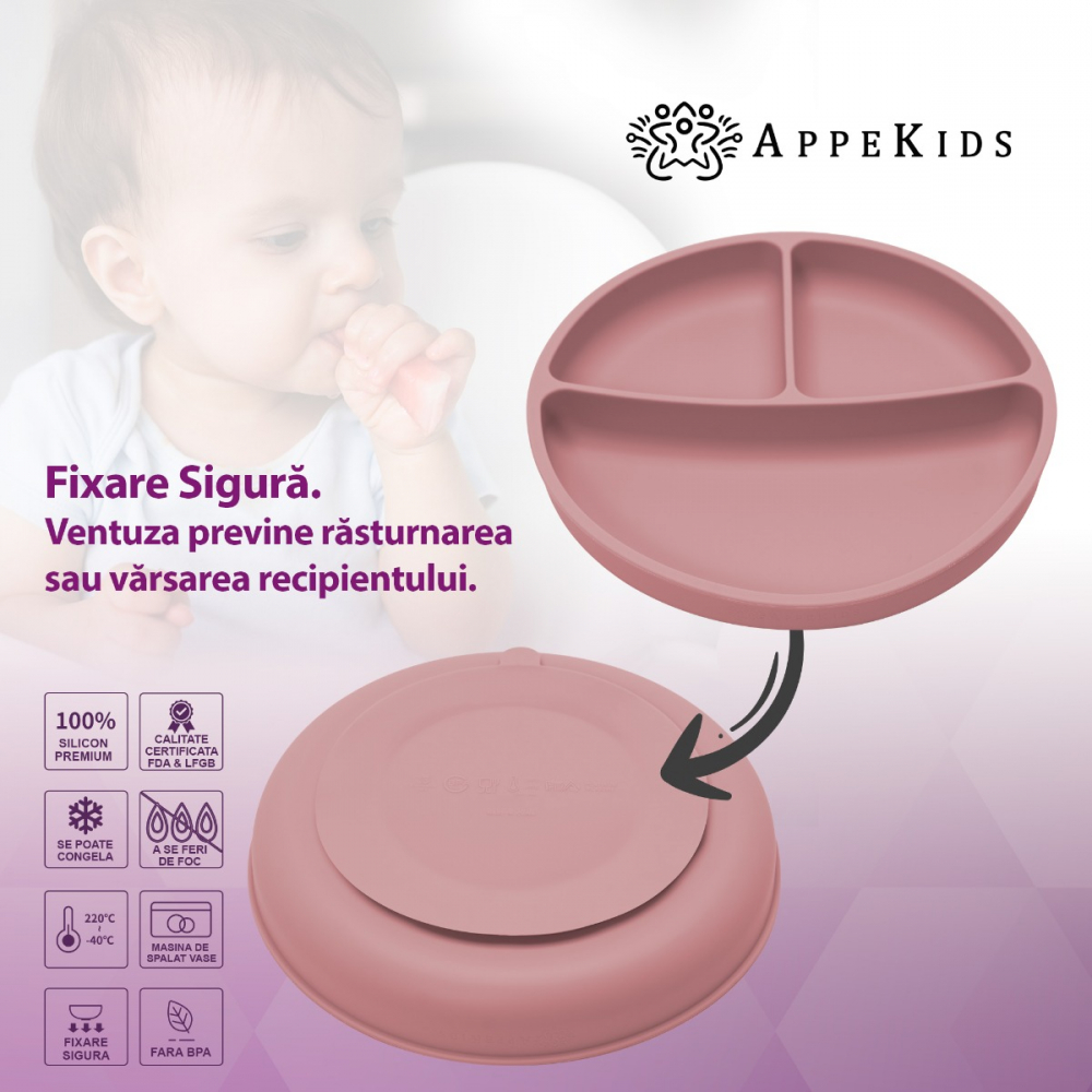 Farfurie compartimentata din silicon cu ventuza AppeKids Old Rose - 2 | YEO