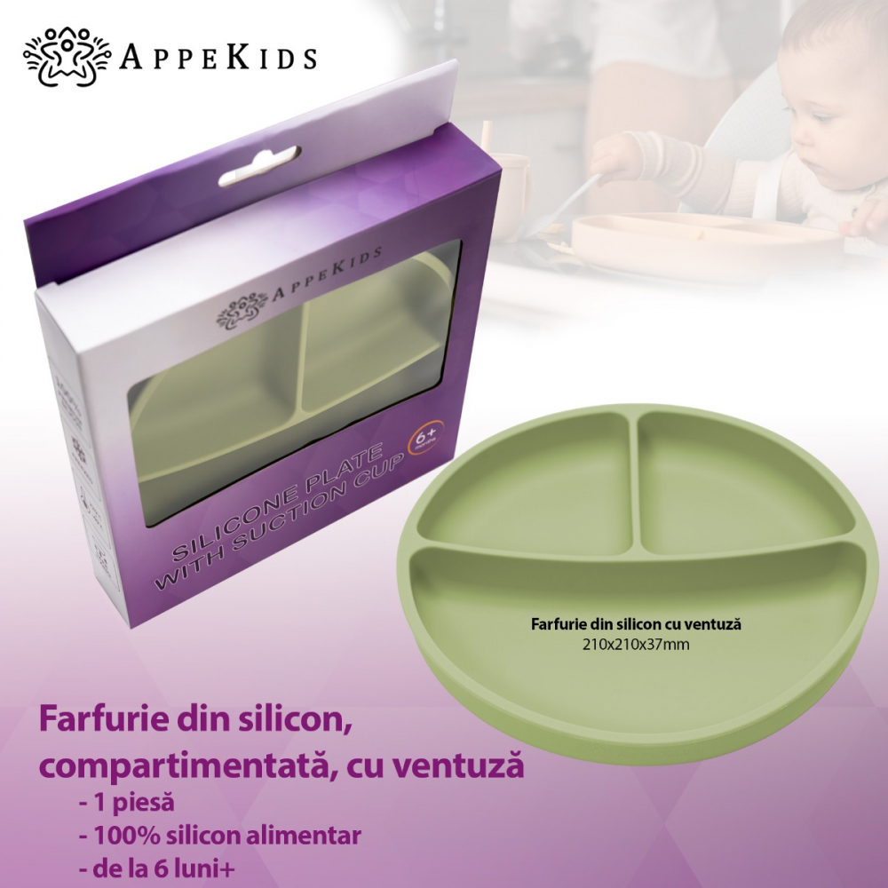 Farfurie compartimentata din silicon cu ventuza AppeKids Raw Green - 1 | YEO