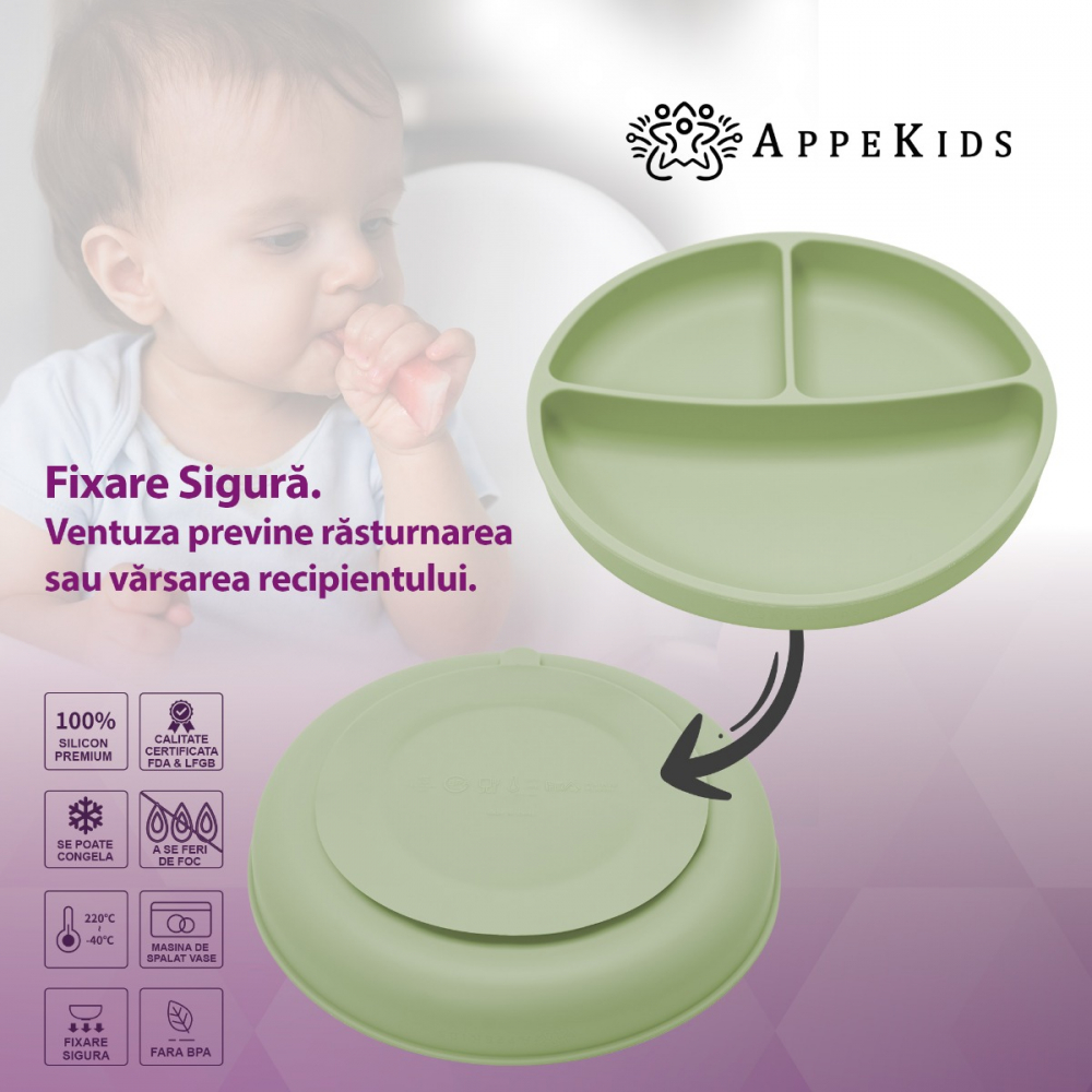 Farfurie compartimentata din silicon cu ventuza AppeKids Raw Green - 2 | YEO