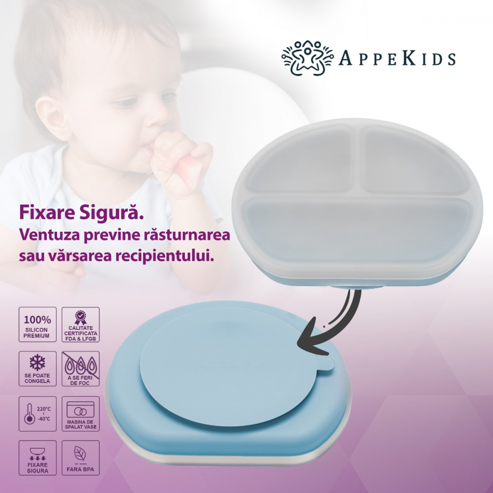 Farfurie compartimentata din silicon cu ventuza si capac AppeKids Aqua Blue - 1 | YEO