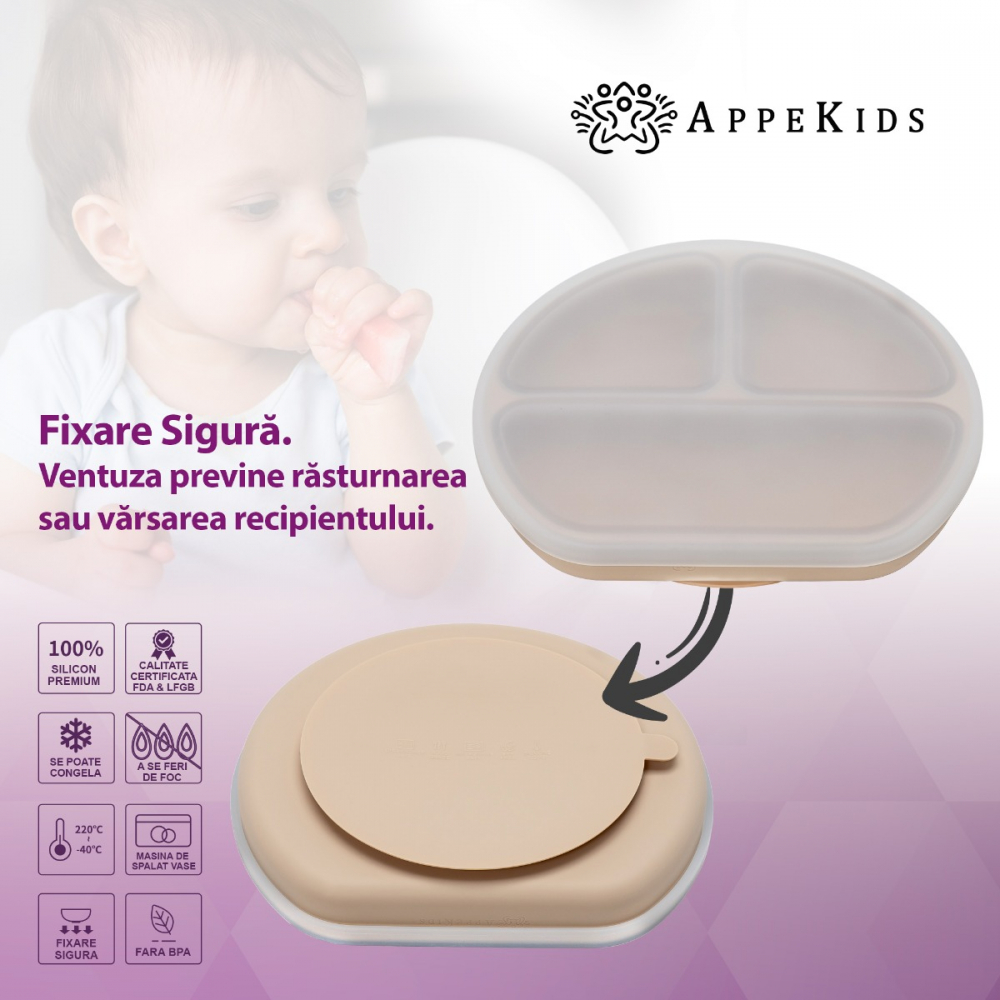 Farfurie compartimentata din silicon cu ventuza si capac AppeKids Bubble Beige - 1 | YEO