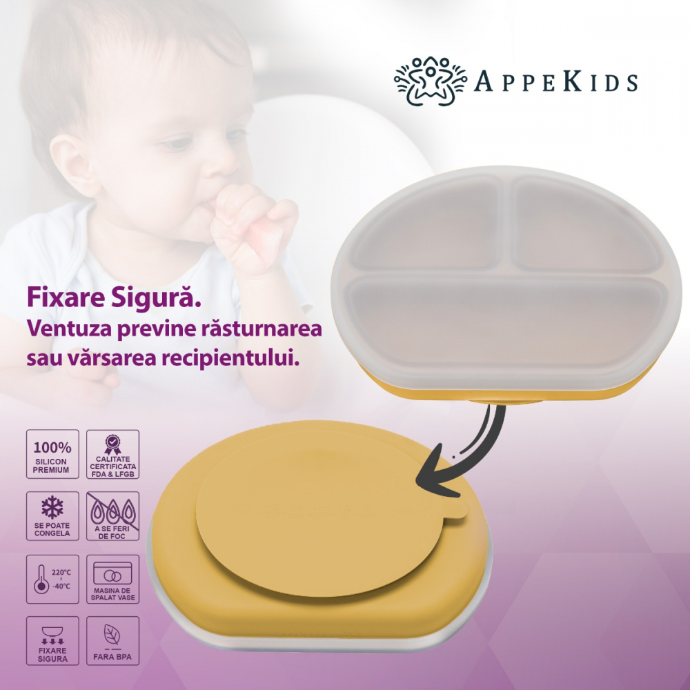 Farfurie compartimentata din silicon cu ventuza si capac AppeKids Honey - 1 | YEO