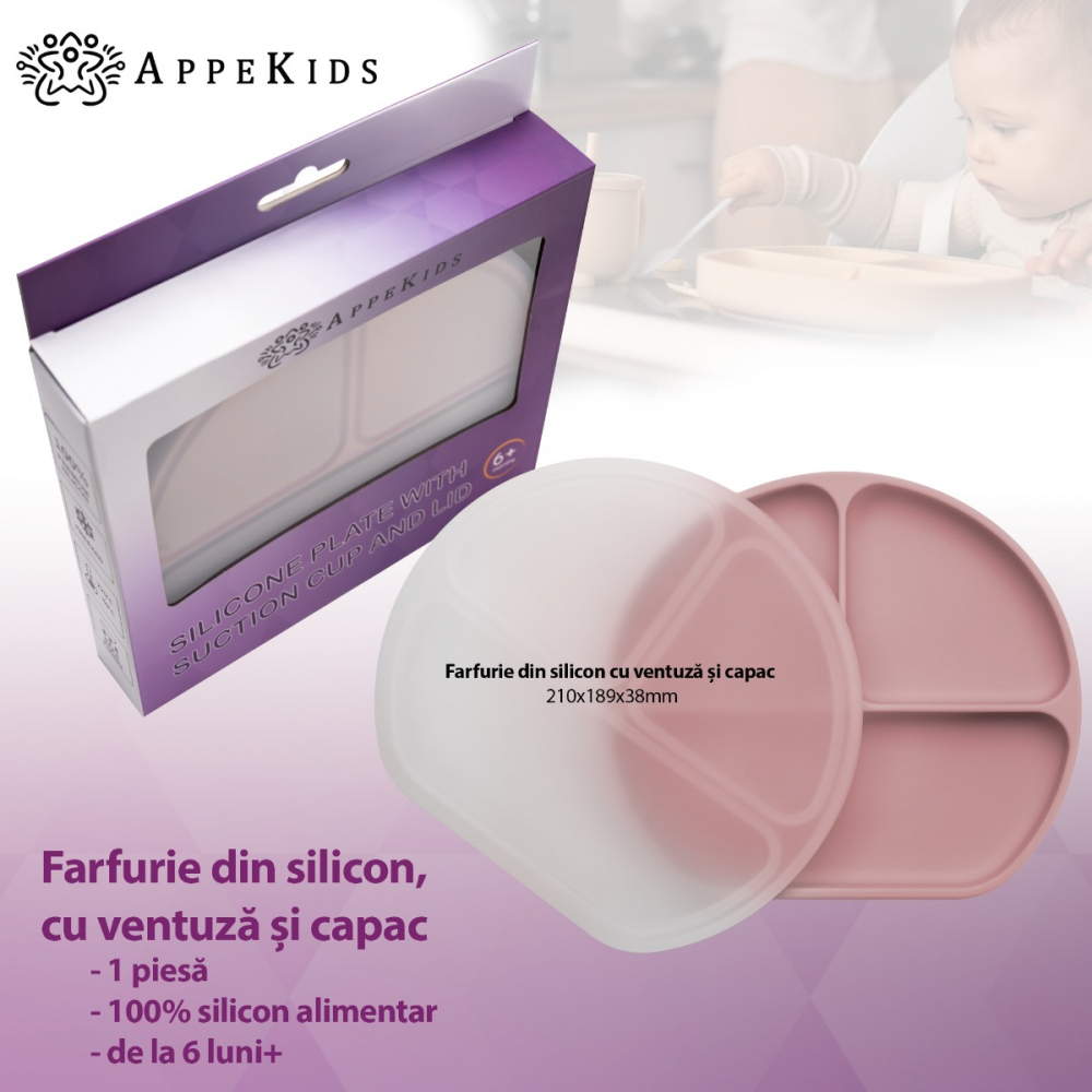 Farfurie compartimentata din silicon cu ventuza si capac AppeKids Old Rose