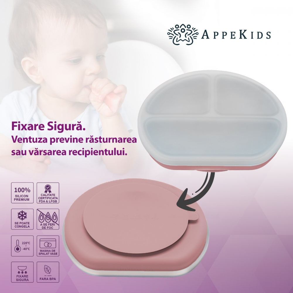 Farfurie compartimentata din silicon cu ventuza si capac AppeKids Old Rose - 1 | YEO