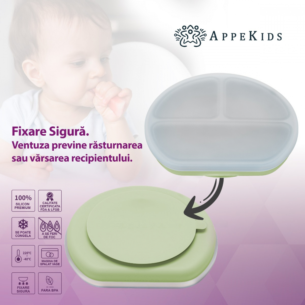 Farfurie compartimentata din silicon cu ventuza si capac AppeKids Raw Green - 1 | YEO