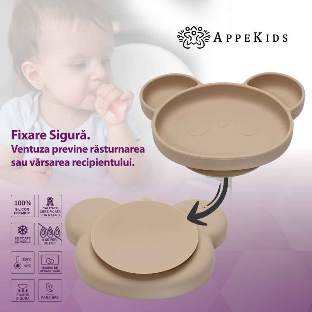 Farfurie din silicon cu ventuza AppeKids Panda Bubble Beige - 1 | YEO