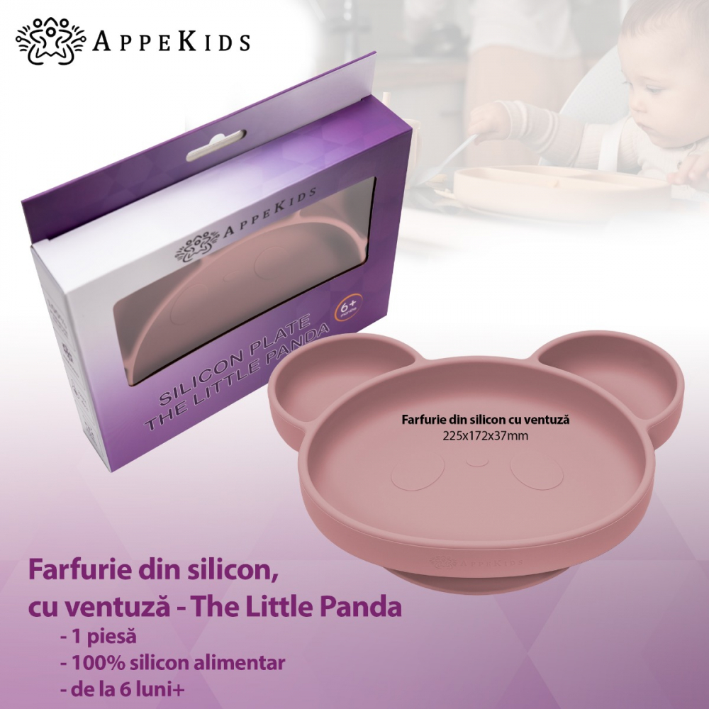 Farfurie din silicon cu ventuza AppeKids Panda Old Rose - 1 | YEO