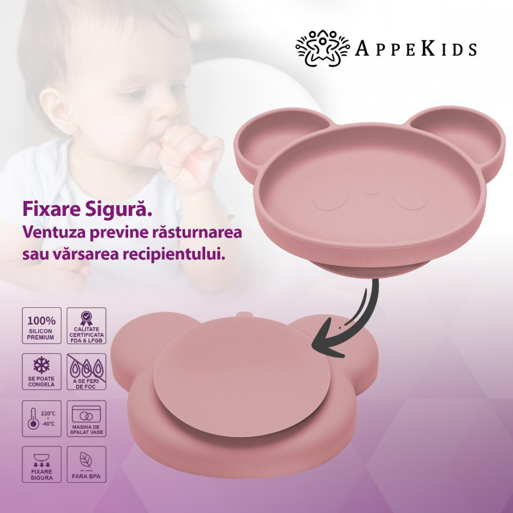 Farfurie din silicon cu ventuza AppeKids Panda Old Rose - 2 | YEO