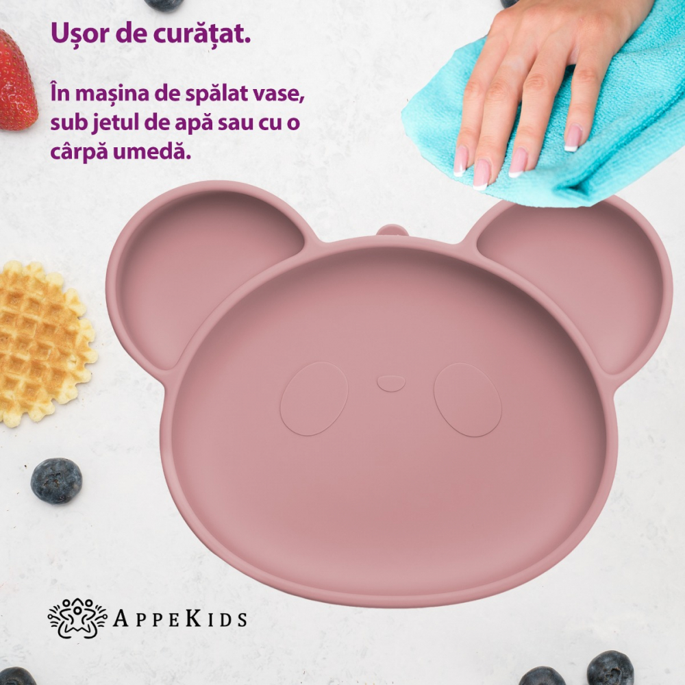 Farfurie din silicon cu ventuza AppeKids Panda Old Rose - 3 | YEO