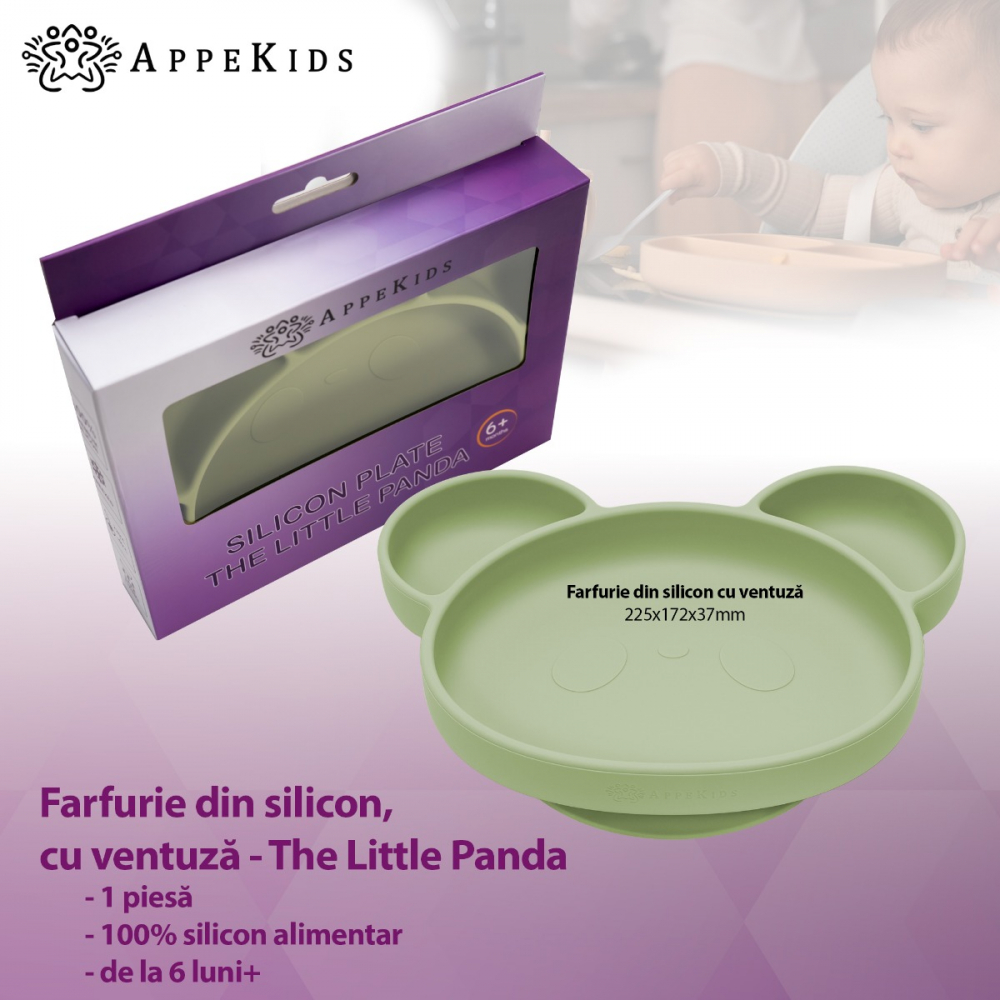 Farfurie din silicon cu ventuza AppeKids Panda Raw Green - 1 | YEO