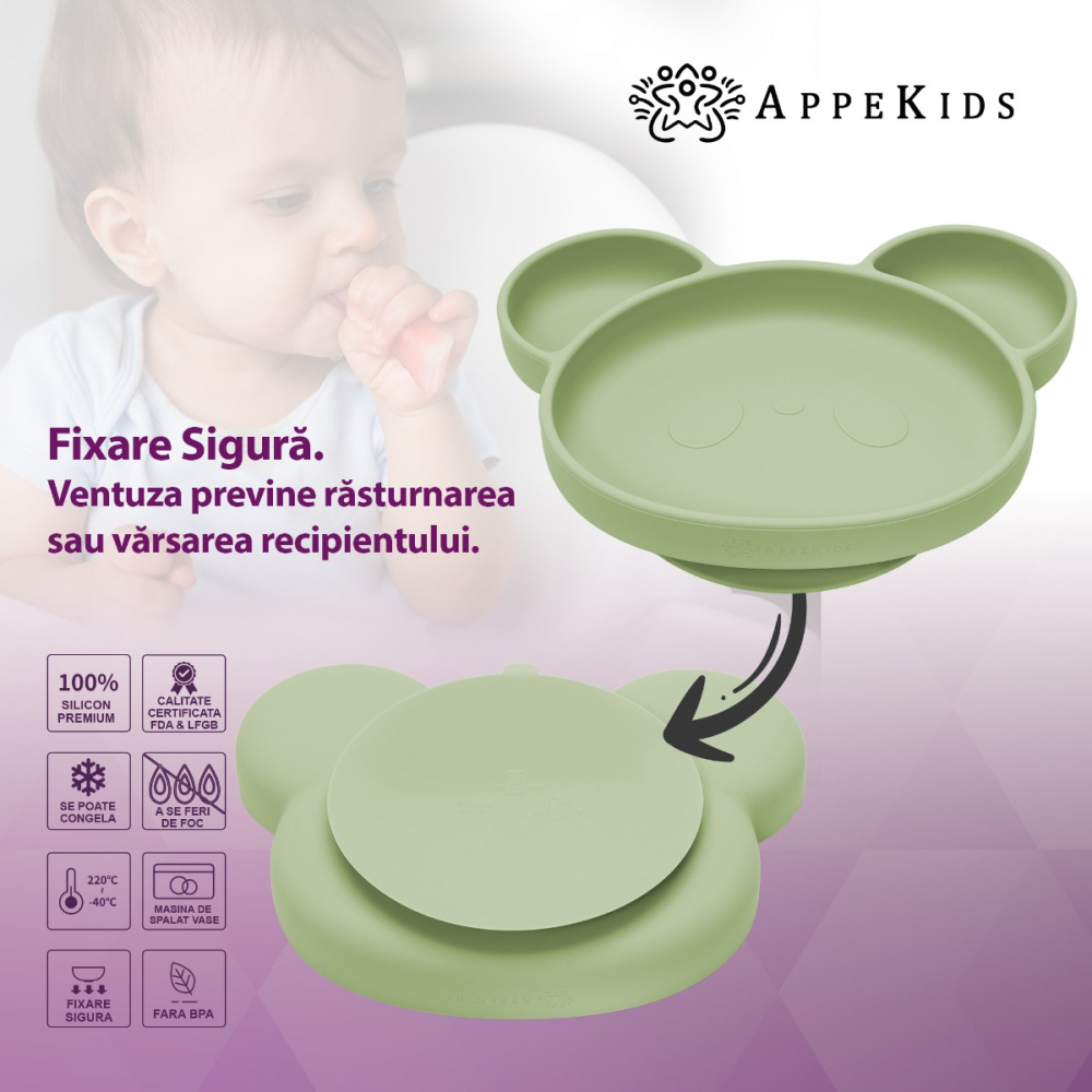 Farfurie din silicon cu ventuza AppeKids Panda Raw Green - 2 | YEO