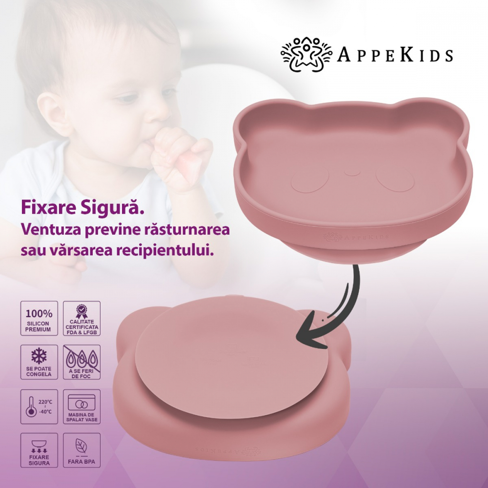 Farfurie din silicon cu ventuza AppeKids The Little Bear Old Rose - 2 | YEO