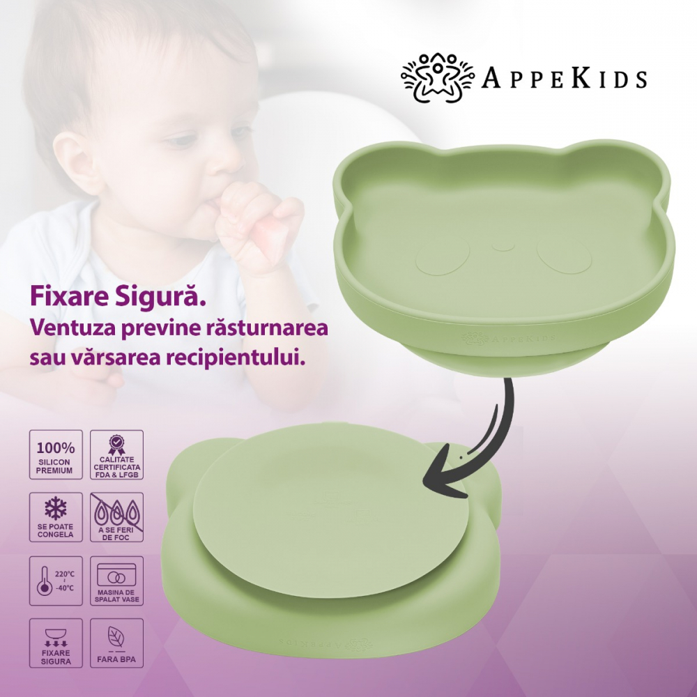 Farfurie din silicon cu ventuza AppeKids The Little Bear Raw Green - 2 | YEO