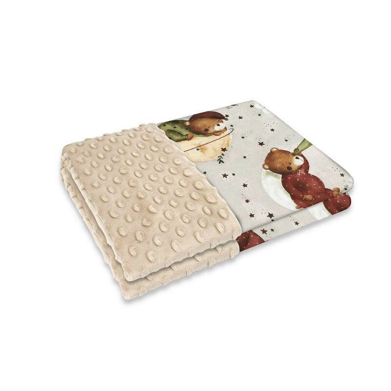 Paturica pufoasa cu doua fete MimiNu 75x100 cm din tesatura Minky si bumbac Teddy Bear On Moon