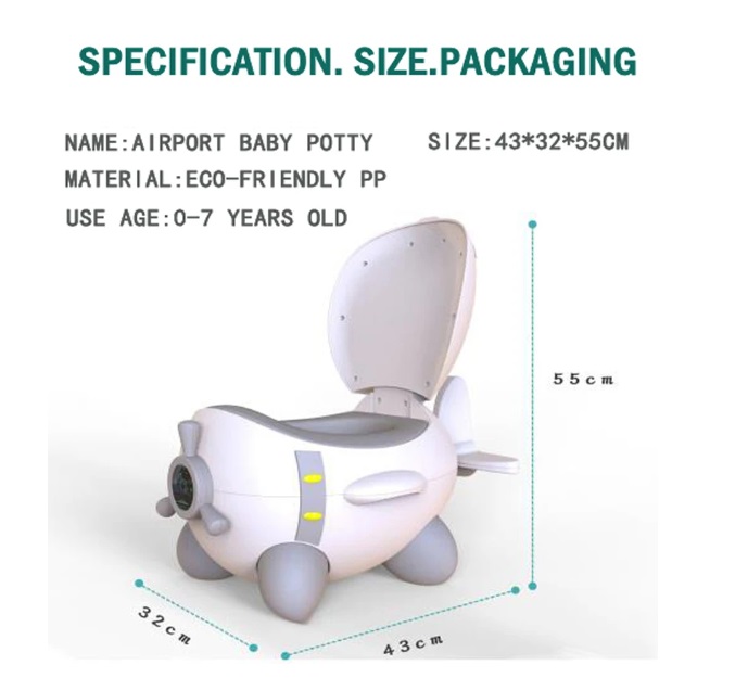 Olita educationala pentru copii Little Mom, cu colac moale din spuma PU, manere laterale, vas colector detasabil, Capac rabatabil cu functie de spatar, picioare antiderapante, dimensiune 43 x 32 x 55 cm, Airplane Grey - 2 | YEO