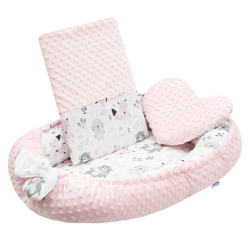Set 3 piese New Baby Luxury Baby Nest cu paturica si pernuta in forma de inima Minky Bears Pink
