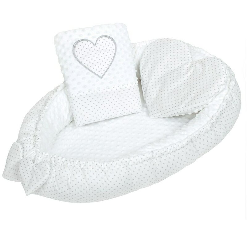 Set 3 piese New Baby Luxury Baby Nest cu paturica si pernuta in forma de inima Minky Heart White - 1