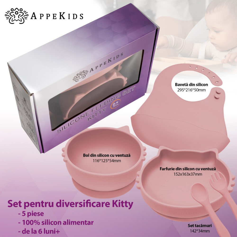 Set diversificare AppeKids din silicon 5 piese Kitty Old Rose - 1 | YEO