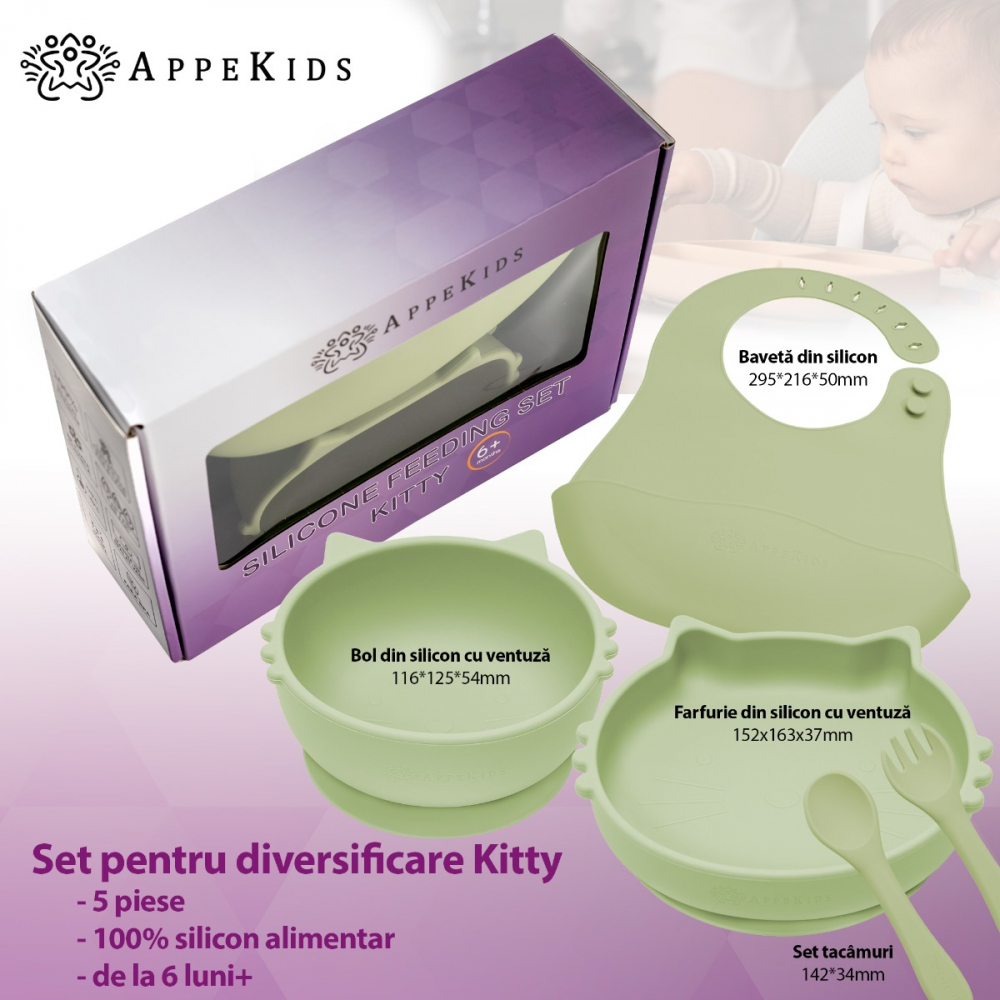 Set diversificare AppeKids din silicon 5 piese Kitty Raw Green - 1 | YEO