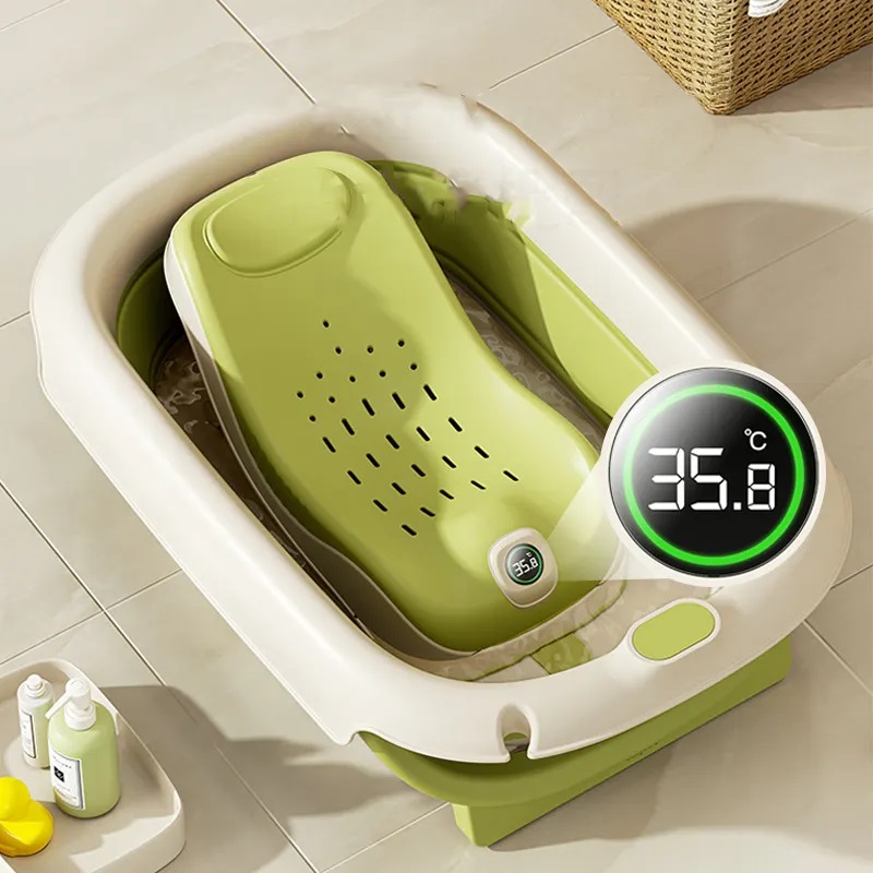Suport de baie pentru copii Little Mom Green, pliabil, model anatomic, cu afisaj de temperatura, tetiera si spatar ajustabil, dimensiune 22.5 x 29 x 55 cm - 3 | YEO