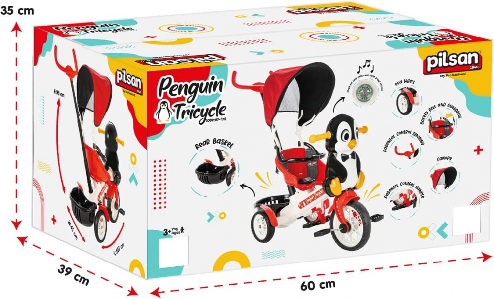 Tricicleta pentru copii Pilsan Dream Pinguin cu control parental, suport pentru picioare, roti din cauciuc Eva, cutie muzicala si cos pentru accesorii - 2 | YEO