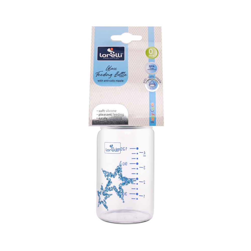 Biberon din sticla cu tetina anticolici 120 ml Blue